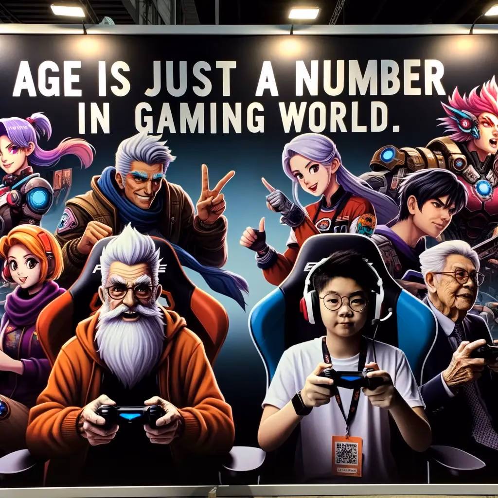 Photo of a gaming event poster showcasing players of different ages, promoting an inclusive gaming tournament. The tagline reads: 'Age is just a number in the gaming world.'