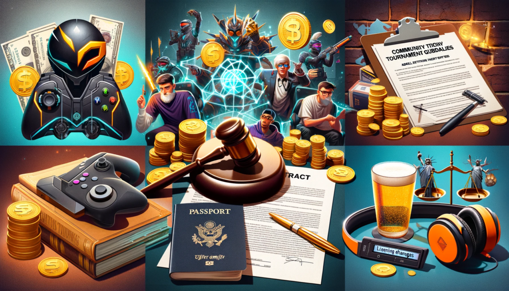 A digital collage representing five trending esports legal topics for 2024. 1) A video game controller with a legal gavel superimposed on it, symbolizing player and team name disputes. 2) A pile of gold coins and a contract, depicting franchise fee payment disputes. 3) A salary cap with esports logos, representing additional player salary caps. 4) A passport and a visa stamp with an esports theme, illustrating immigration hurdles for foreign players. 5) A document titled 'Community Tournament Guidelines', with a licensing stamp, signifying licensing changes.